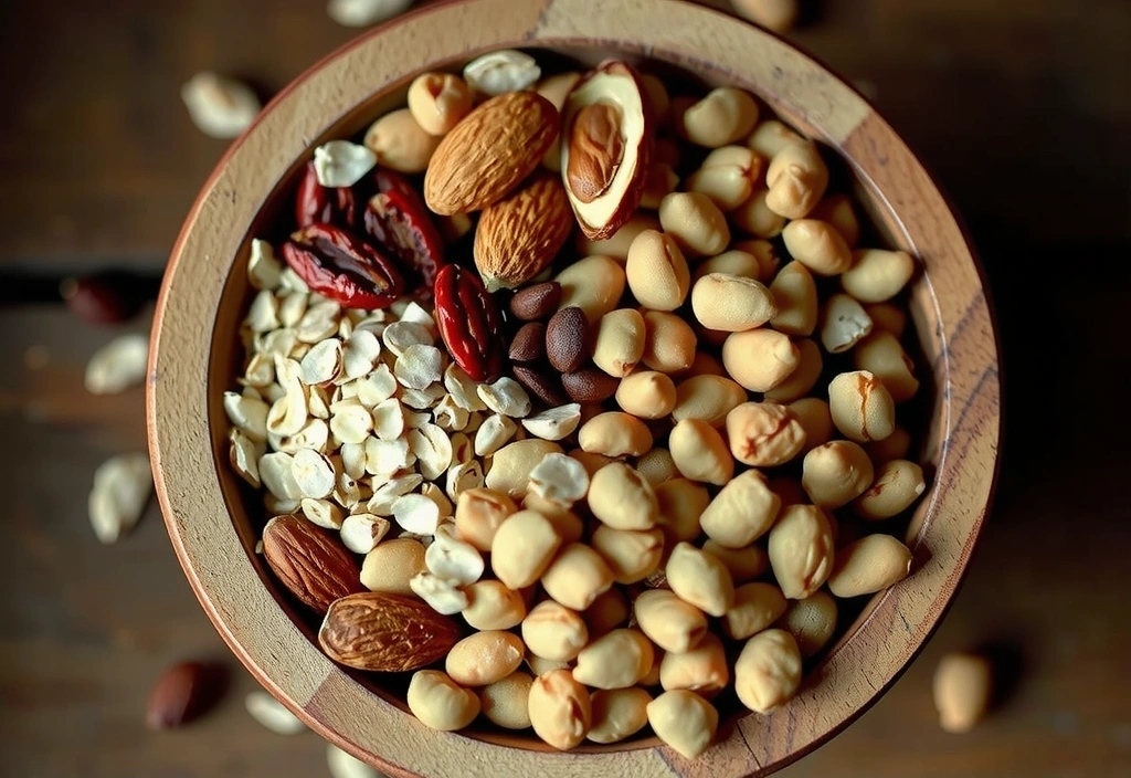 Różnorodne ziarna, orzechy i rośliny strączkowe, symbolizujące źródła witamin z grupy B.