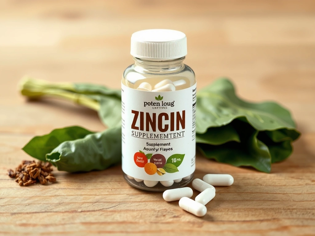 Butelka z suplementem cynku, obok garść tabletek, na tle ziół i naturalnych składników, symbolizujących połączenie natury i nauki w suplementacji.