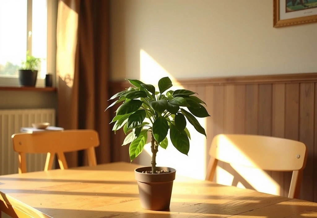 Zdjęcie przedstawiające słońce wpadające przez okno na roślinę doniczkową, symbolizujące witaminę D.