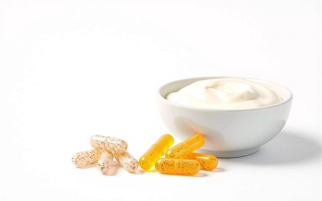 Kapsułki probiotyczne i jogurt z żywymi kulturami bakterii, podkreślające zdrowie jelit.