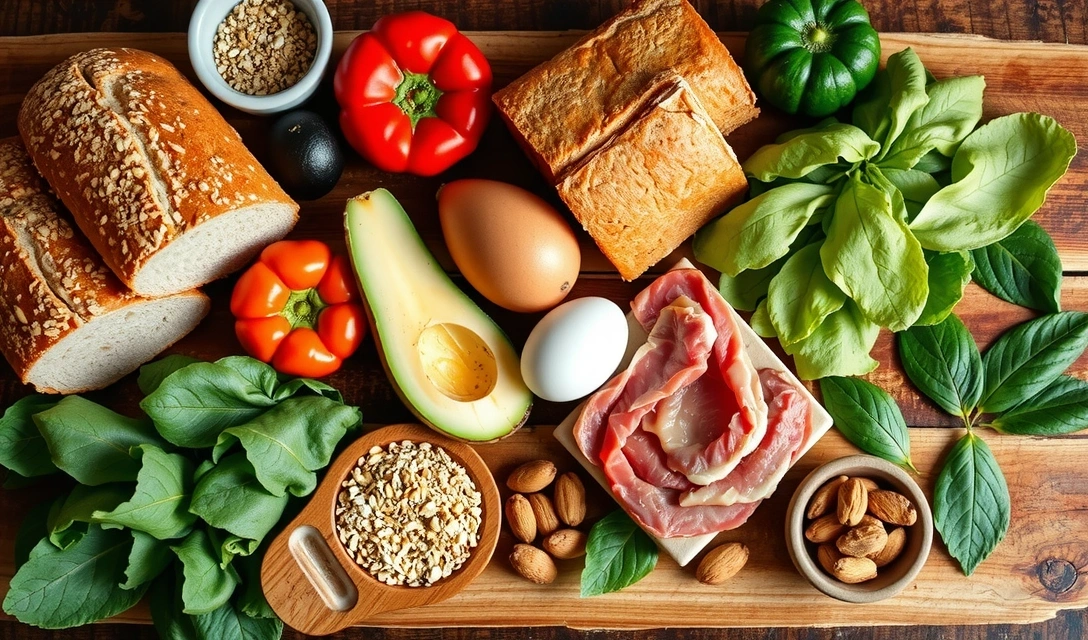 Różnorodne produkty spożywcze bogate w witaminy z grupy B, takie jak pełnoziarniste pieczywo, mięso, jaja, warzywa liściaste i orzechy, ułożone na drewnianym stole.