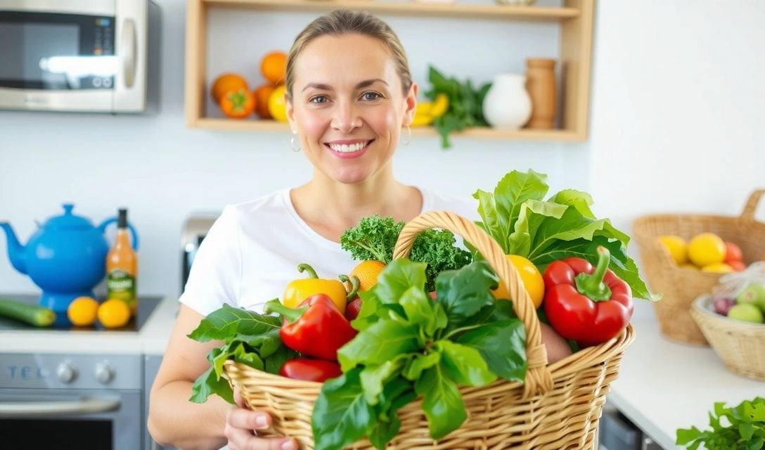 Uśmiechnięta kobieta w średnim wieku trzymająca koszyk pełen świeżych, różnorodnych warzyw i owoców, symbolizujących zdrową dietę bogatą w witaminy.