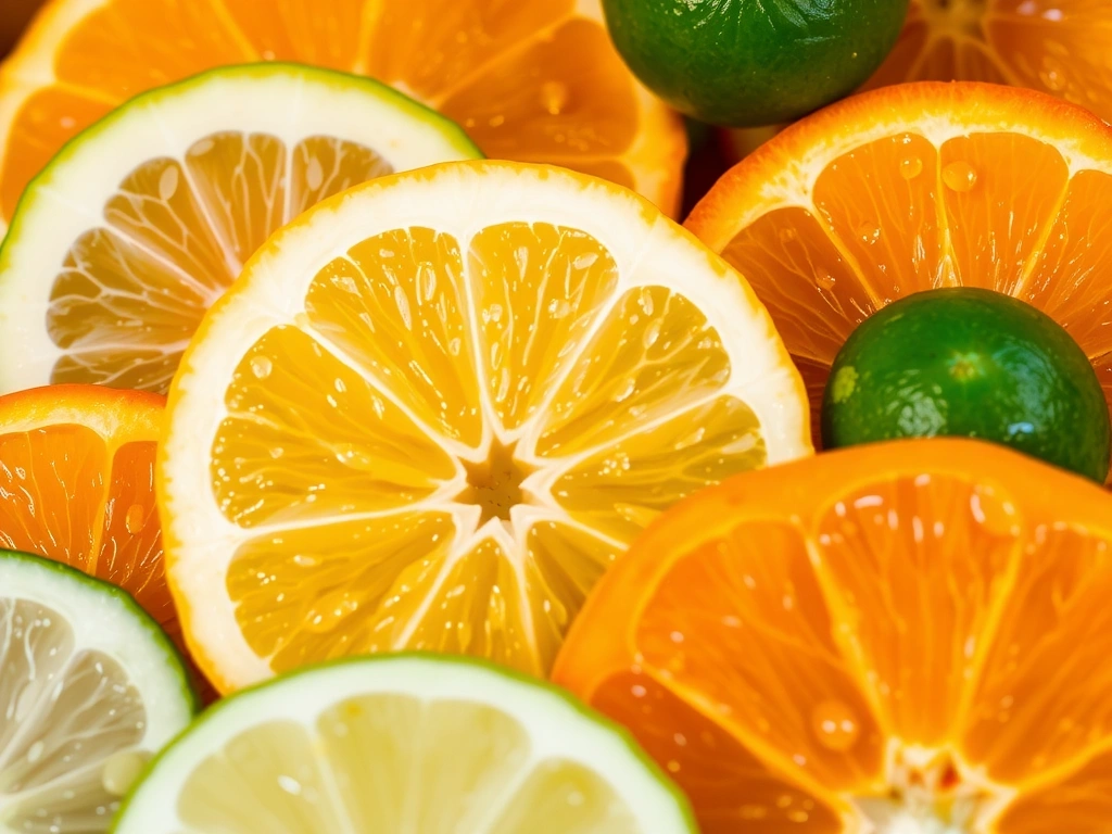 Zdjęcie zbliżenia na świeżo pokrojone owoce cytrusowe, takie jak pomarańcze, cytryny i limonki, z kroplami wody, podkreślające ich soczystość i świeżość. Jasne kolory i krystaliczna tekstura.
