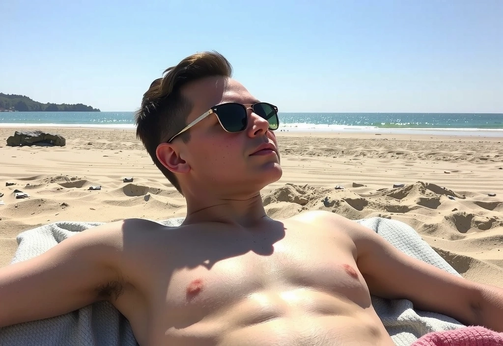 Osoba opalająca się na plaży, symbolizująca ekspozycję na słońce jako główne źródło witaminy D.