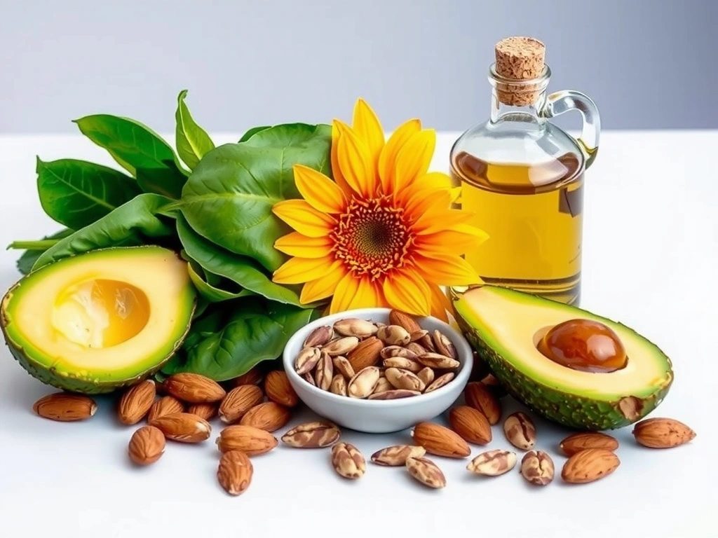 Różnorodne źródła Witaminymineralyzdrowiel E, w tym orzechy, nasiona, awokado i oleje roślinne
