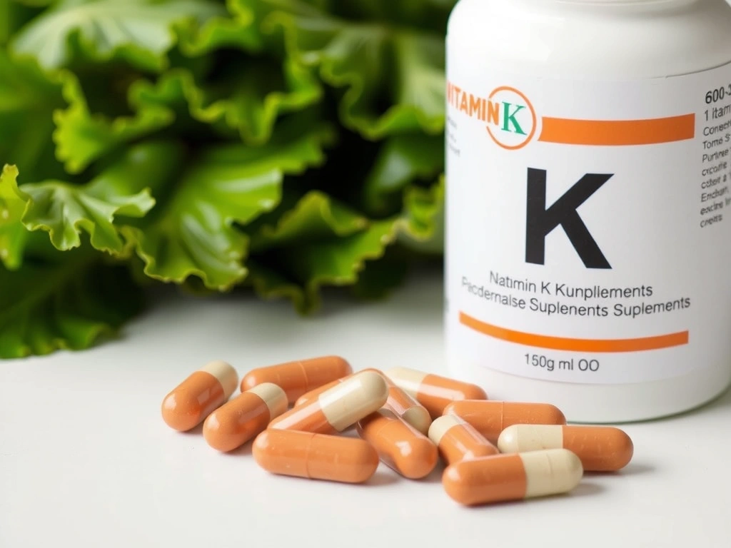 Suplementy witaminy K w kapsułkach na tle zielonych warzyw
