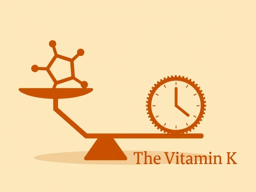 Symboliczna grafika przedstawiająca tarczę zegara z elementami witaminy K, symbolizującą jej rolę w utrzymaniu równowagi organizmu