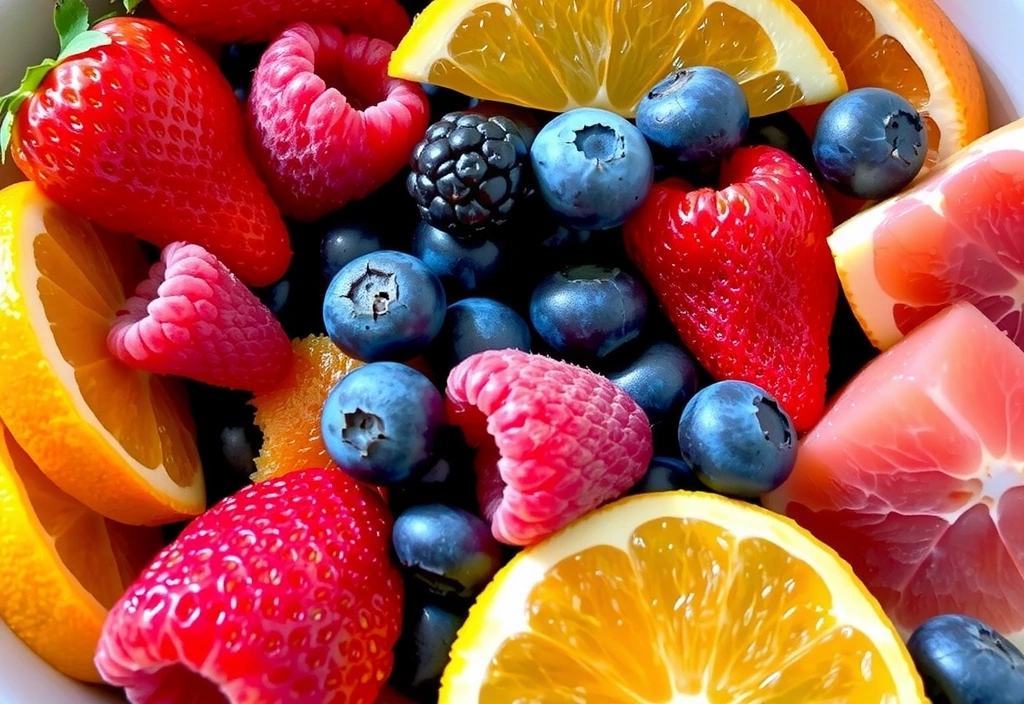 Miska pełna kolorowych owoców jagodowych i cytrusowych