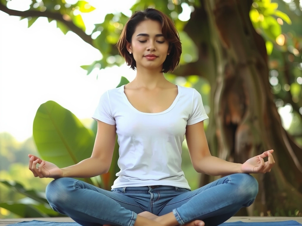 Kobieta medytująca w spokojnym otoczeniu, symbolizująca redukcję stresu.
