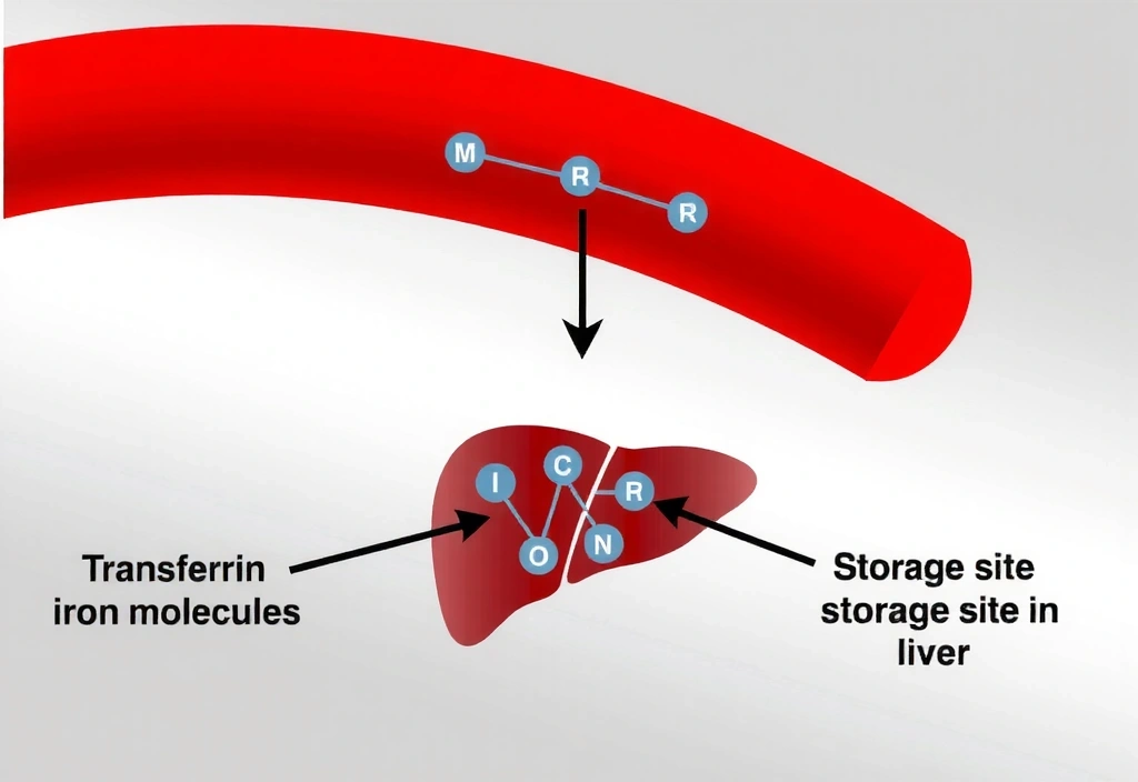 Schemat transportu żelaza przez krew, z transferryną przenoszącą cząsteczki żelaza do miejsca magazynowania w wątrobie.